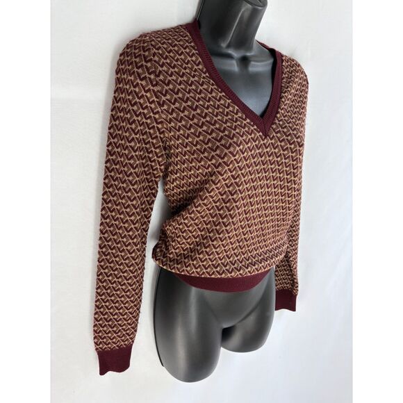 Zara Knit Jacquard V Neck Sweater Geometric Chevron Burgundy Gold S 70s Retro - Picture 7 of 10